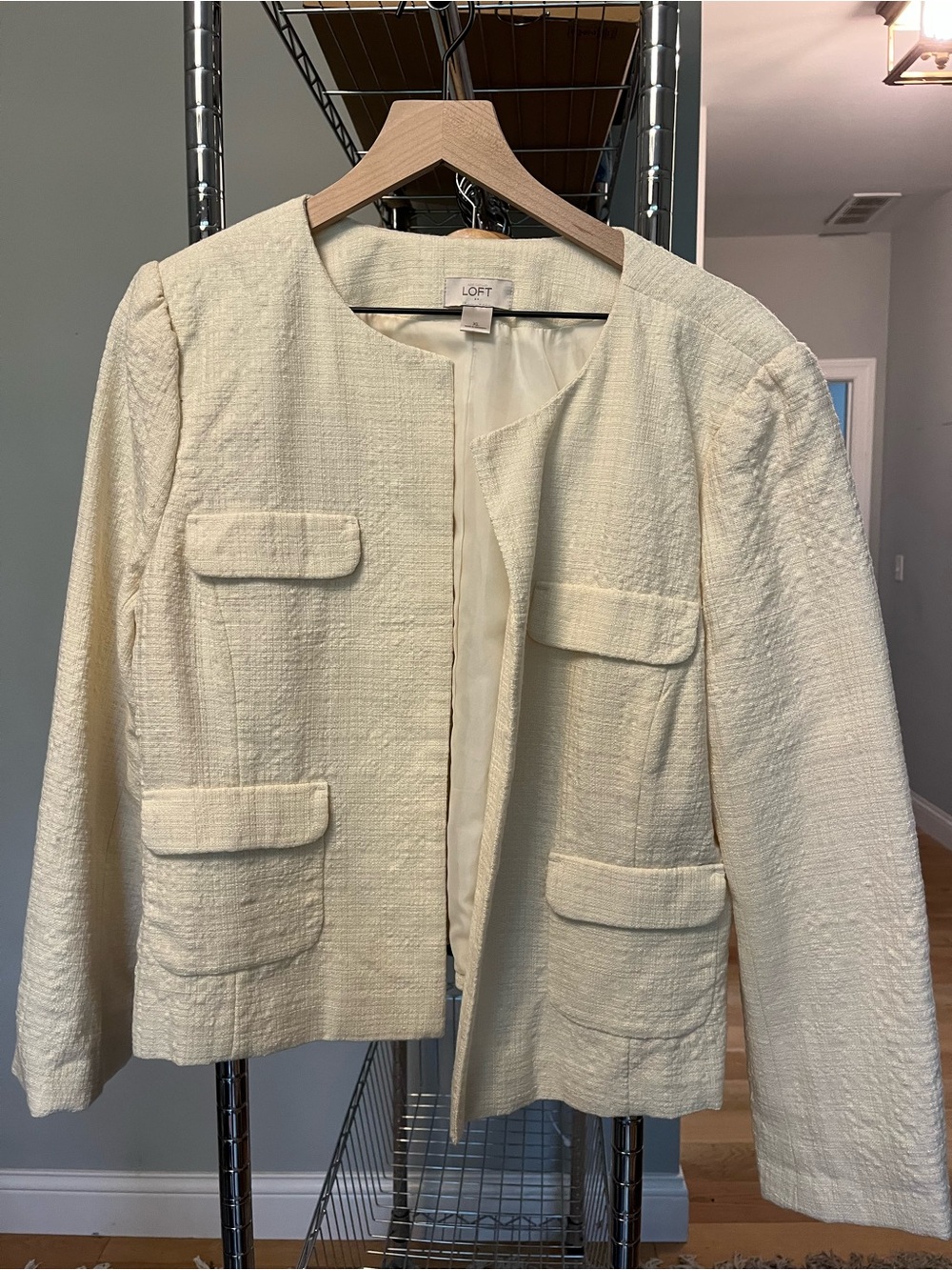 LOFT Ivory Collarless Tweed Blazer with Flap Pockets